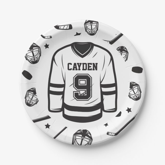 Hockey black and White 9th Birthday Paper Plates (Front)