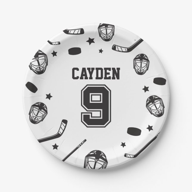 Hockey black and White 9th Birthday Paper Plates (Front)