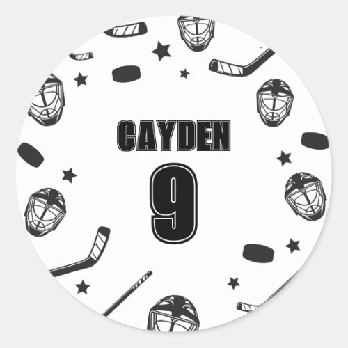 Hockey black and White Birthday Classic Round Sticker