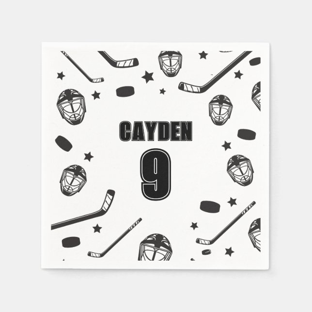 Hockey black and White Birthday Napkins (Front)
