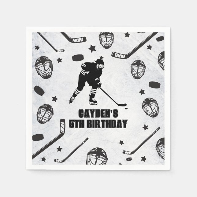 Hockey black and White Birthday Napkins (Front)
