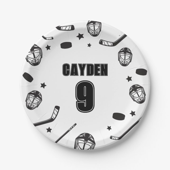 Hockey black and White Birthday Paper Plates (Front)