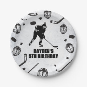 Hockey black and White Birthday Paper Plates