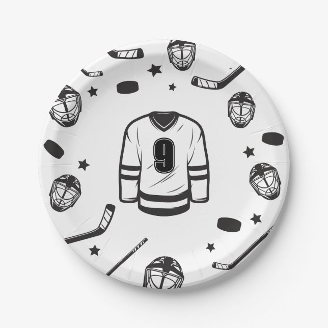 Hockey black and White Birthday Paper Plates (Front)