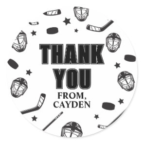 Hockey black and White Birthday Thank You Classic Round Sticker