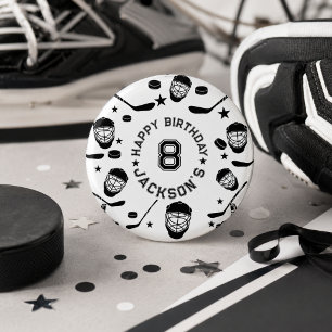 Hockey black and White Themed Kids Birthday Party Button