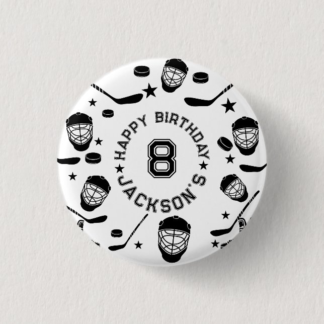 Hockey black and White Themed Kids Birthday Party Button (Front)