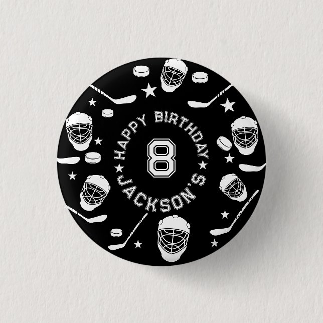 Hockey black and White Themed Kids Birthday Party Button (Front)