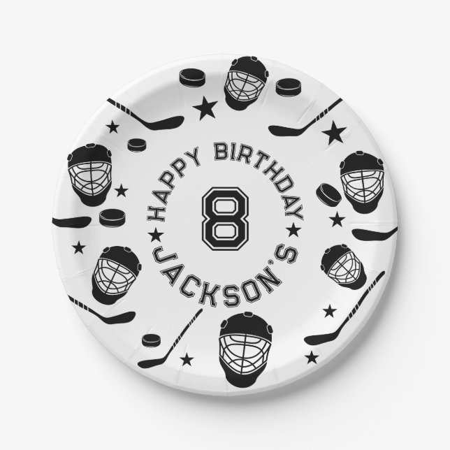 Hockey black and White Themed Kids Birthday Party Paper Plates (Front)