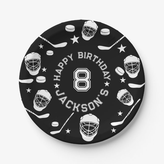 Hockey black and White Themed Kids Birthday Party Paper Plates (Front)