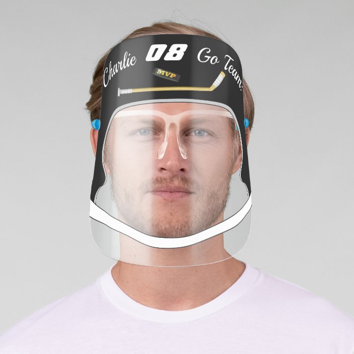Hockey Black MVP Puck Helmet Name Team Number Face Shield