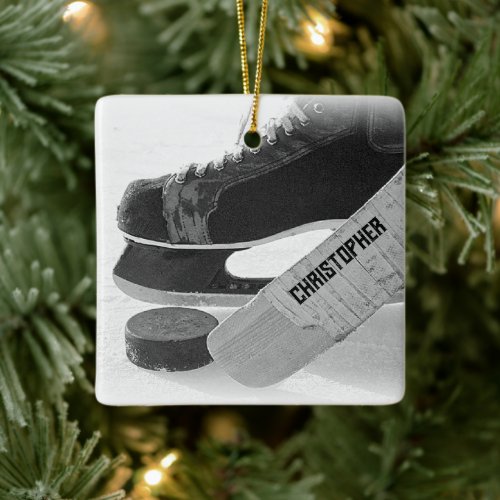 Hockey Black Skates Personalized Ceramic Ornament