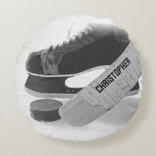 Hockey Black Skates Personalized Round Pillow