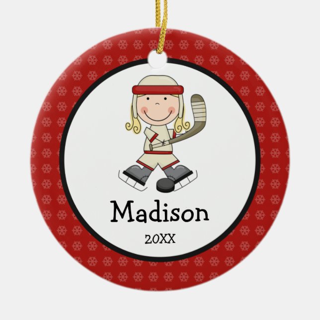 Hockey Blonde Girl Kids Personalized Christmas Ceramic Ornament (Front)