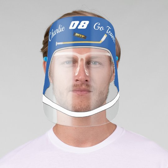 Hockey Blue MVP Puck Helmet Name Team Number Face Shield