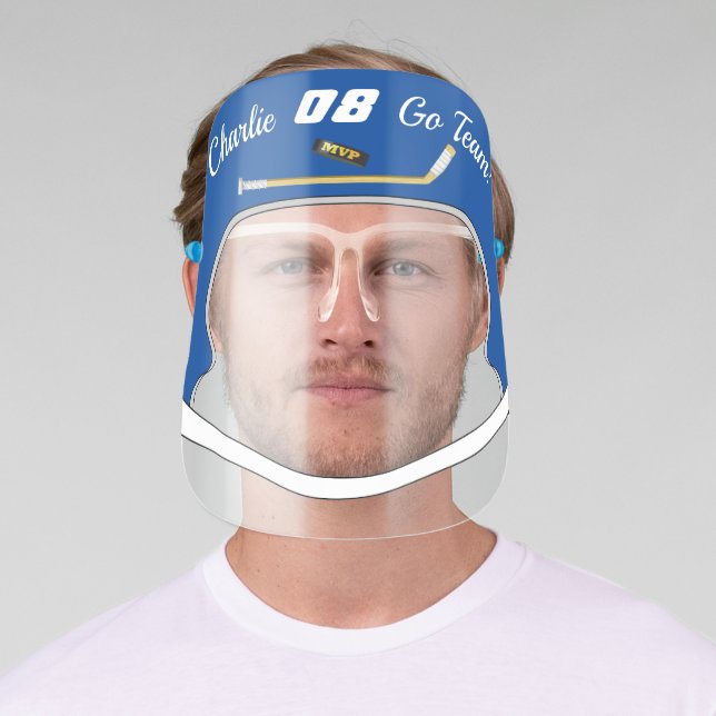 Hockey Blue MVP Puck Helmet Name | Team | Number Face Shield (Insitu)