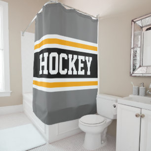 HOCKEY Bold Athletic Gray Black Orange Stripes Shower Curtain