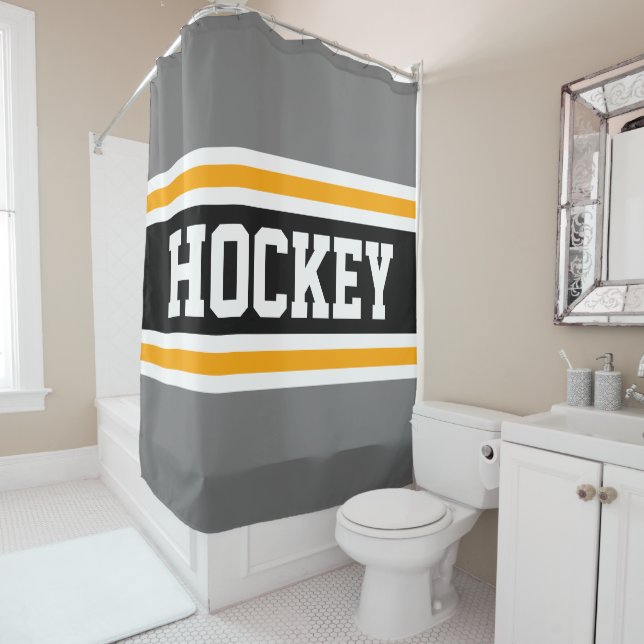 HOCKEY Bold Athletic Gray Black Orange Stripes Shower Curtain (In Situ)