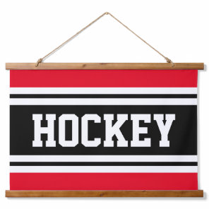 HOCKEY Bold Bright Red Black White Racing Stripes Hanging Tapestry