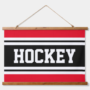 HOCKEY Bold Bright Red Black White Racing Stripes Hanging Tapestry