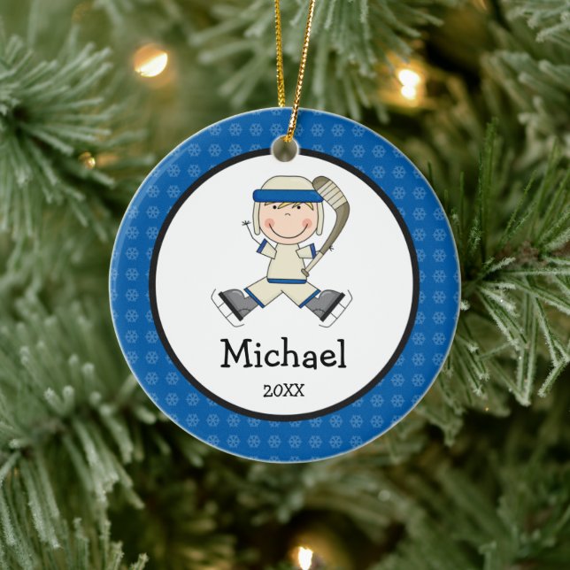 Hockey Boy Blonde Kids Personalized Christmas Ceramic Ornament (Tree)