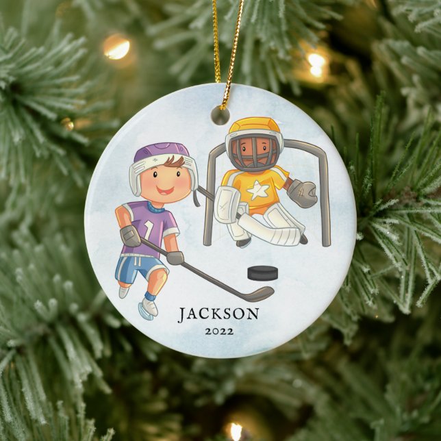 Hockey Boy Personalized Christmas Ceramic Ornament (Tree)