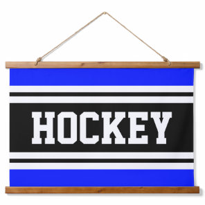 HOCKEY Bright Blue Black White Racing Stripes Hanging Tapestry