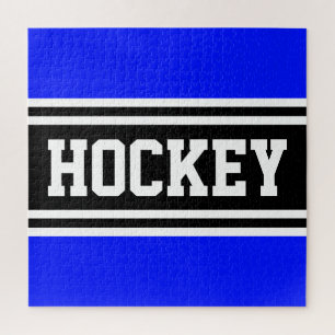 HOCKEY Bright Blue Black White Racing Stripes Jigsaw Puzzle