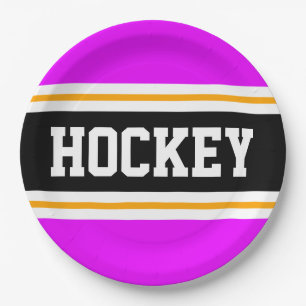 HOCKEY Bright Pink Black Orange Racing Stripes Paper Plates