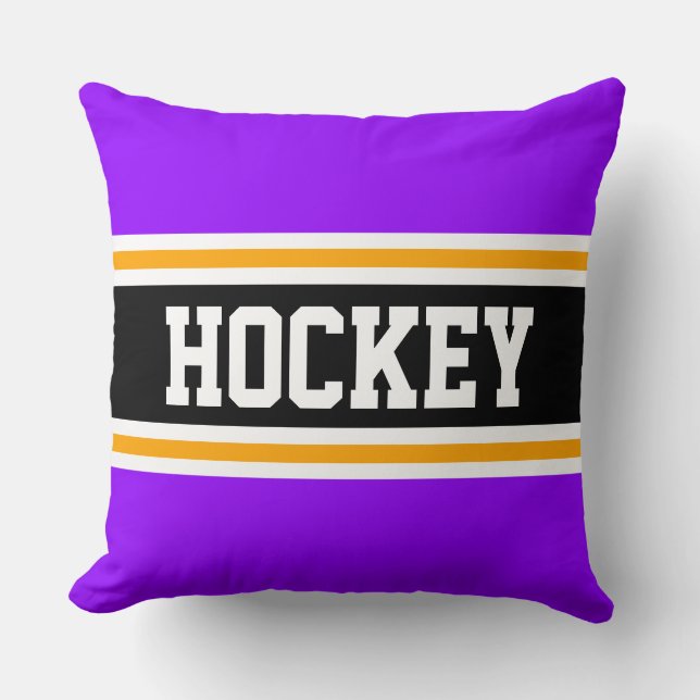 HOCKEY Bright Purple Black Yellow Athletic Stripes Throw Pillow (Front)