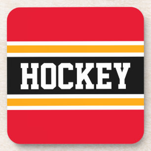 HOCKEY Bright Red Yellow Orange Black Stripes Beverage Coaster