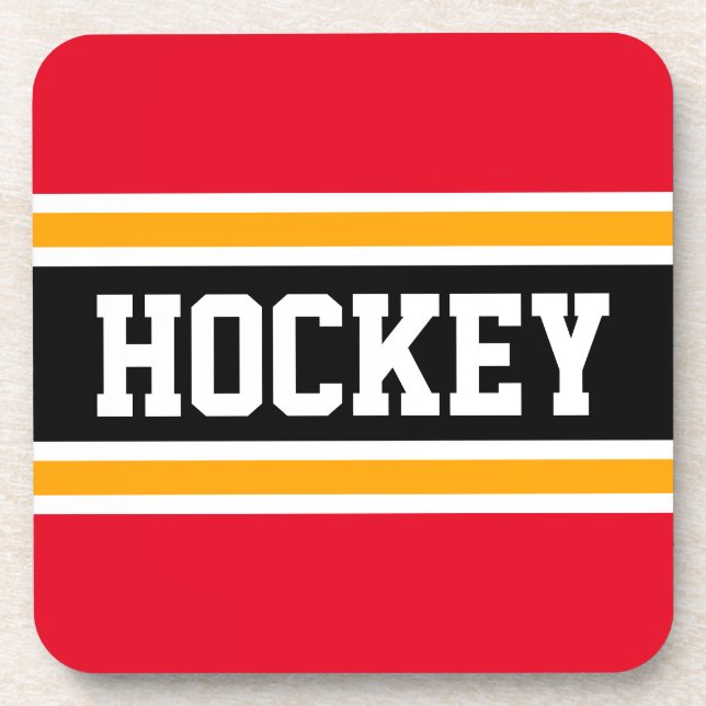 HOCKEY Bright Red Yellow Orange Black Stripes Beverage Coaster (Front)