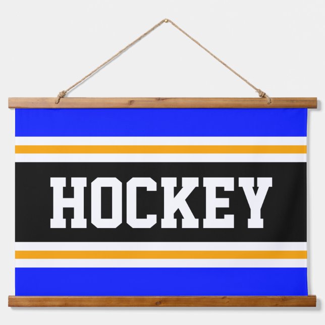 HOCKEY Bright Vivid Blue Black Orange Stripes Hanging Tapestry (Front)