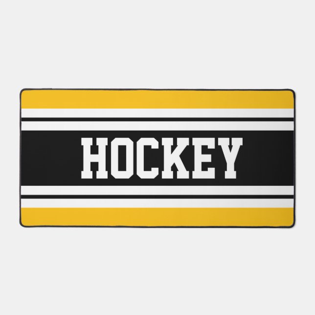 HOCKEY Bright Yellow Black White Racing Stripes  Desk Mat (Front)