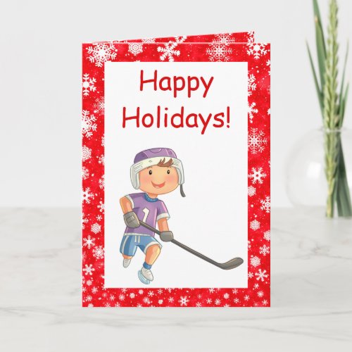 Hockey Christmas card _ Boy player _ red with snow