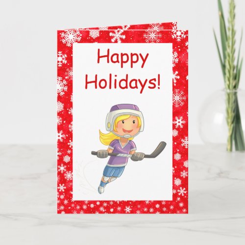 Hockey Christmas card _ Girl player _ red white