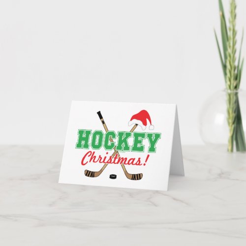 Hockey Christmas Card Red and Green with Santa Hat