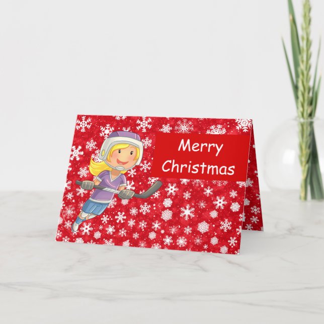 Hockey Christmas cards - Girl Kid player in snow (Front)