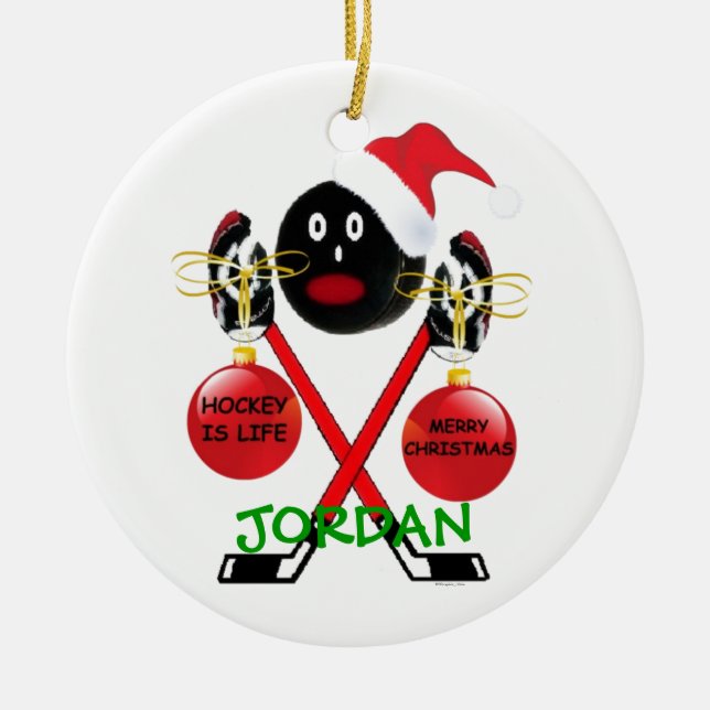 Hockey Christmas Cartoon Ceramic Ornament (Front)