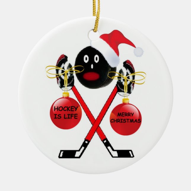 Hockey Christmas Ceramic Ornament (Front)
