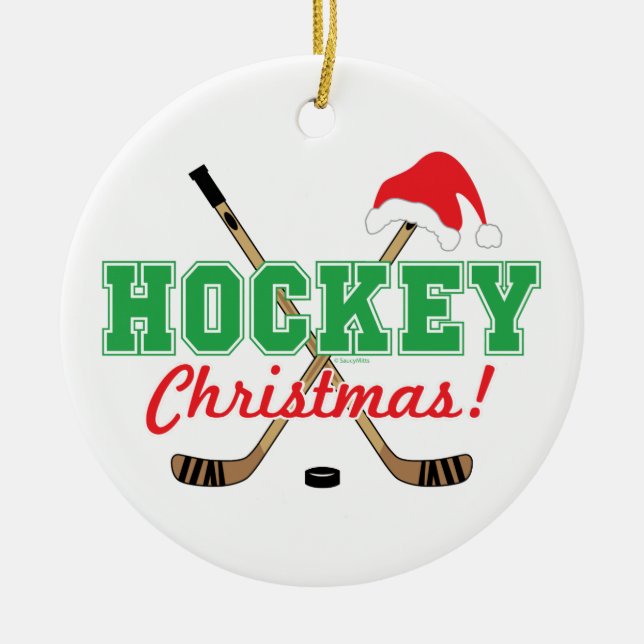 Hockey Christmas Hockey Sticks Santa Hat Ceramic Ornament (Front)