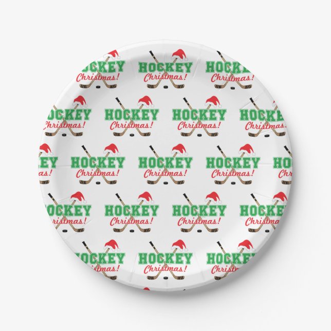 Hockey Christmas Hockey Sticks Santa Hat Paper Plates (Front)