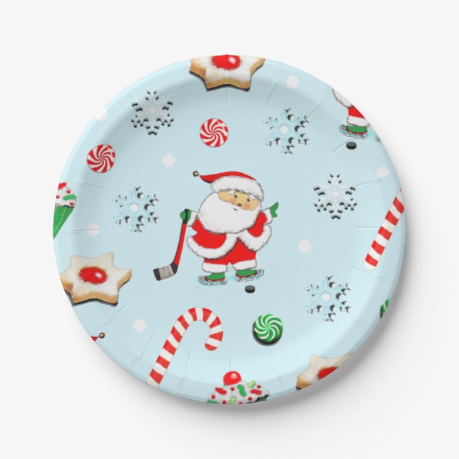 Hockey Christmas Holiday Party Paper Plates (Front)