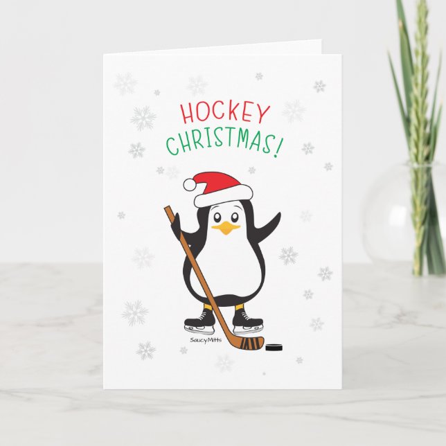 Hockey Christmas Penguin Holiday Card (Front)