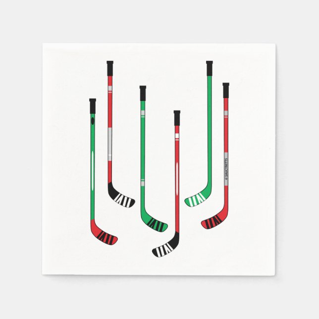 Hockey Christmas Red & Green Hockey Sticks Napkins (Front)
