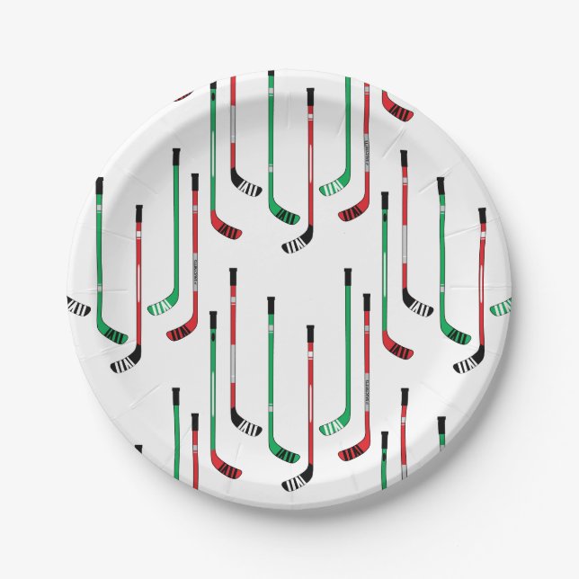 Hockey Christmas Red & Green Hockey Sticks Paper Plates (Front)