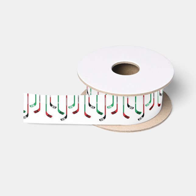 Hockey Christmas Red & Green Hockey Sticks Satin Ribbon (Spool)