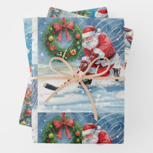 Hockey Christmas with Santa Claus Wrapping Paper Sheets