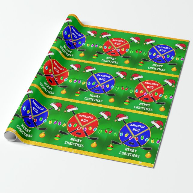 HOCKEY Christmas Wrapping Paper, PERSONALIZED Paper (Unrolled)