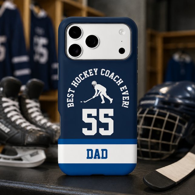 Hockey Coach Jersey Number Design Case-Mate iPhone Case (Blue hockey coach phone case with jersey number and dad personalization)